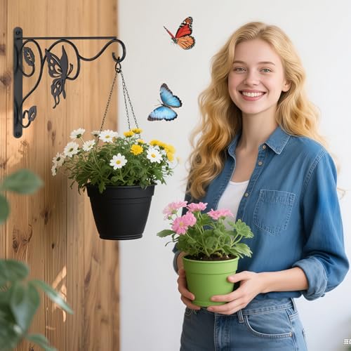 2 Pack Heavy Duty Plant Hooks for Hanging - 12 Inch Metal Wall Hangers Indoor/Outdoor, Sturdy Plant Bracket for Bird Feeders, Planters, Lanterns, Wind Chimes - Patio, Garden, Home Decor (Black) - style: 2-Pack Butterfly