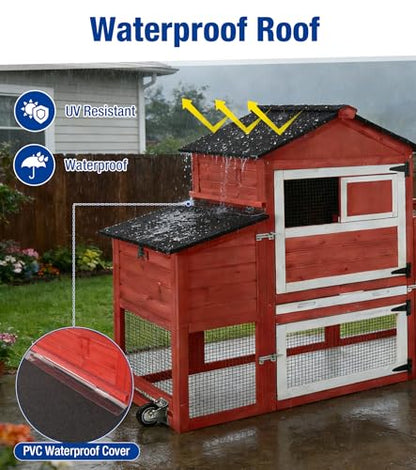 Chicken Coop with Run Mobile Chicken Coop with Wheels Duplex Hen House with Nesting Box Slide-Out Cleaning Tray Predator-Resistant Chicken Cage for Outdoor Backyard Red - color: Red