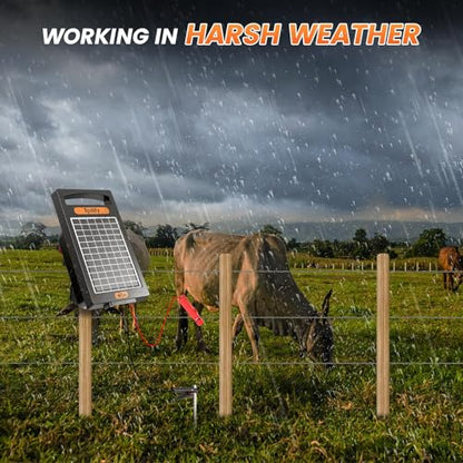 24 Hour Solar Electric Fence Charger, 10 Miles, Up to 10200v Output Range Electric Fence Charger, 0.18J Portable Energizer with Solar Panel for Livestock & Predator Protection - color: Black