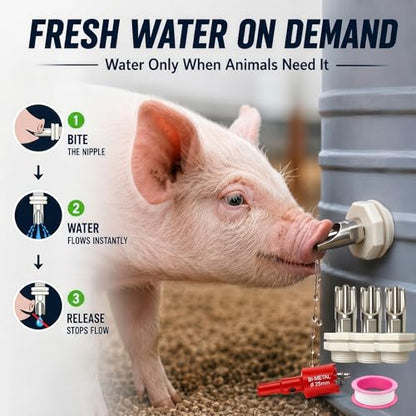 Pig Water Nipple for Barrel Watering Systems, 3-Pack Stainless Steel Bite-Activated Drinker with Brass Mounting Hardware for Swine, Goats and Livestock, Pig Waterer System Compatible