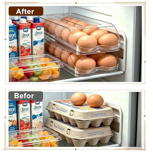 Egg Holder for Fridge,Automatic Rolling Egg Container for Refrigerator,2 Pack Clear Stackable 28-Count Egg Organizer with Lid, Fridge Organizers and Storage - size: Pack of 2