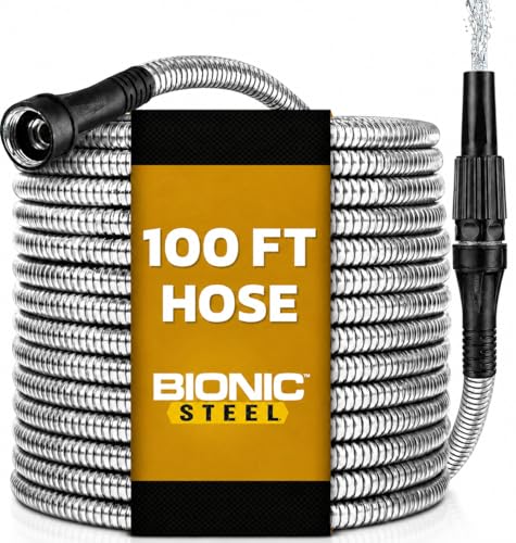 BIONIC STEEL 100 Ft Metal Garden Hose with Sprayer Nozzle, Non Kinking Designed Stainless Steel Heavy Duty Water Hose 100 Ft x 5/8 in. Flexible NON Expandable for Uninterrupted Water Flow, 500 PSI - size: 100'