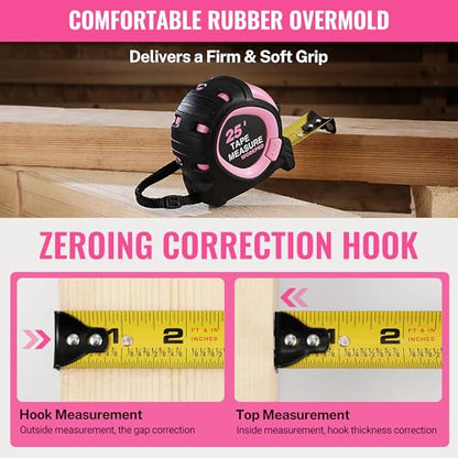 WORKPRO 25-FT Tape Measure with Fractions, 3 Brakes Retractable Measuring Tape, Compact Measurement Tape with Magnetic Hook, Nylon Coating Blade Accuracy 1/32”, Pink - style: 25-FT