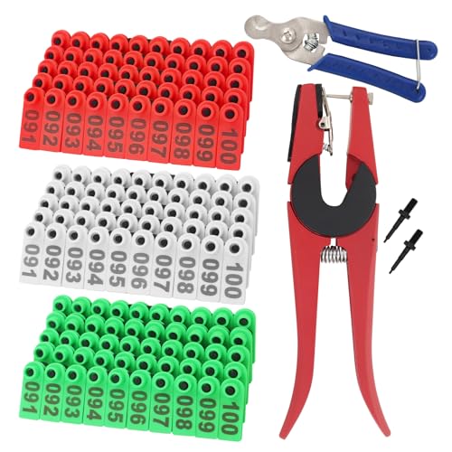 300PCS Livestock Ear Tags for Sheep Goat Kit 001-100 Numbered Tag Animal Identification with Ear Tag Applicator and Ear Tags Remove Pliers (Green+Red+White) - color: Green+Red+White