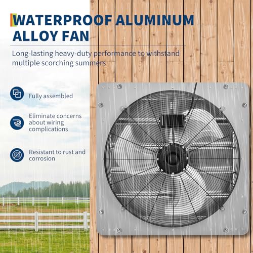 20" Wall Mounted Shutter Exhaust Fan with 5ft Power Cord – 3500 CFM, 1500 RPM High Velocity Attic Vent Fan with Automatic Shutters, Quiet Operation for Garage, Greenhouse, Shed - size: 20 inch