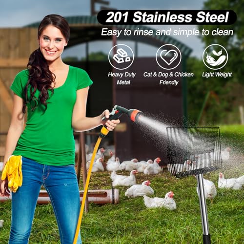 15 inch Large Chicken Poop Scooper for Poop With Glove 4 in 1 Multi-Func Heavy Duty Metal 25 to 74” Long Handle Chicken Coop Scoop Scooper for Sand Sifting Shovel for Chicken Coop Rake Cleaning Tools