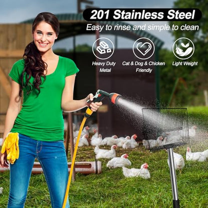 15 inch Large Chicken Poop Scooper for Poop With Glove 4 in 1 Multi-Func Heavy Duty Metal 25 to 74” Long Handle Chicken Coop Scoop Scooper for Sand Sifting Shovel for Chicken Coop Rake Cleaning Tools