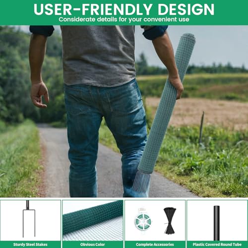Non Electric Fence Netting 40" x164', Boundary Fence with Double Spiked Posts, Portable Poultry Fence All-Purpose Fencing for Dogs, Chickens, Ducks, Turkeys Suitable in Backyard, Garden, Farm