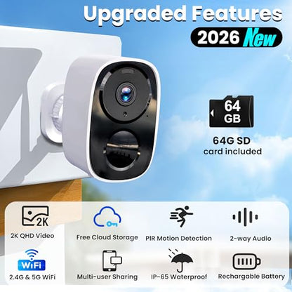 2026 Upgraded 2K Wireless Security Camera with 64G SD Card, Free Cloud Storage, 1-6 Month Battery Life, AI Motion Detection, Spotlight, Siren Alarm, 2-Way Audio, Waterproof WiFi Surveillance Camera - color: White - Camera with 64G SD Card