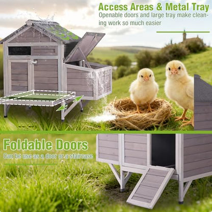 GUTINNEEN Small Chicken Coop Wooden Duck House for 2-3 Chickens with Nesting Box, Metal Tray, and Raised Legs, Foldable Door, and Perches 40.9" L