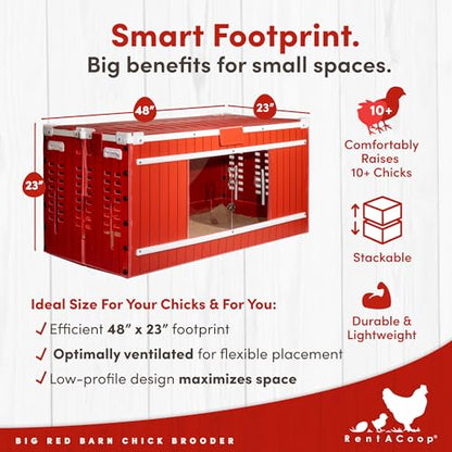 RentACoop Big Red Barn Chick Brooder | Durable, Lightweight, Easy-Clean, Multipurpose | with Absorbent Hatchling Liners, Jute Liners, LED Light, Security Latch