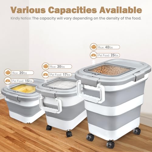 Komzon Rice Storage Container, Collapsible Airtight 10-40 Lb Rice Storage Container, 25lb Pet Dog Food Storage Container, Rice Dispenser Bin with Cup and Scoop for Flour Cereal Pasta Grain, Cat Bird - size: 10-40 Lbs