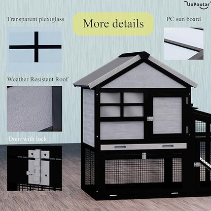 Chicken coop and activity area, dual-level rabbit cage for indoor/outdoor use, accommodates 2-3 chickens. Includes ramp and leak-proof deep-draw tray. Suitable for chicks and rabbits (black). - size: 53.5"L x 23.6"W x 38.2"H