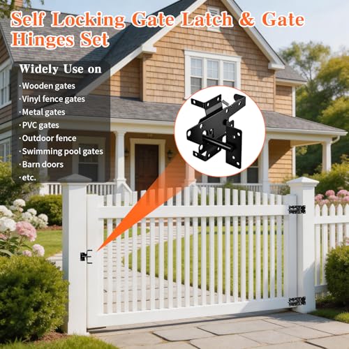Self Locking Gate Latch and Gate Hinges Set,Gate Hardware Kit for Vinyl and Wood Fence with Installation Screws Heavy Duty 1 Gate Latches 2 Gate Hinges - size: 3.9'4'(L)x 1.57''(W) with 5/8'' eye hole