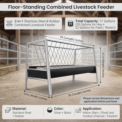 Livestock Hay Feeder, 2-in-1 Grain & Hay Feeder with Sturdy Frame for Goats Sheep