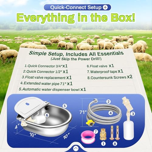 Ademon Automatic Animal Drinking Water Bowl with Float Valve, Extended Pipe & Drain Hole, Stainless Steel Waterer Feeder Farm Dog Dispenser Kit Self Filling for Livestock Horse Goat Water Trough - size: 3L - 71" Hose & Drain