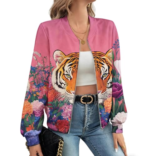 Vintage Fall/Winter Casual Animal Print Graphic Coat Women's Basic Crew Neck Long Sleeve Fashion Bomber Jacket