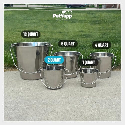 0.5 Gallon Stainless Steel Bucket - Heavy Duty Flat Side Metal Bucket for Feeding & Watering Pets, Livestock & Cleaning - Perfect for Crates, Kennels, Cages & Hang on Fences - 2 Quart - size: 2 Quart