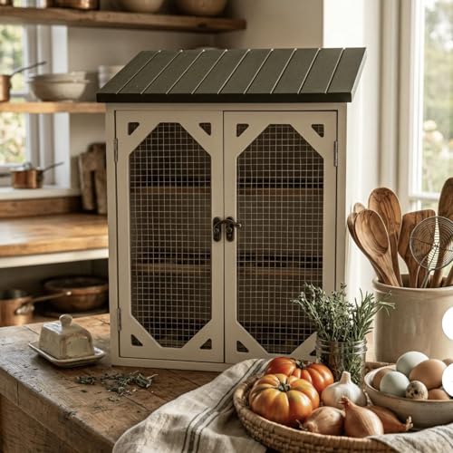 Wooden Fresh Egg Holder Countertop, Egg Storage Rack with Wire Mesh Window for Countertop, Farmhouse Storage Organizer Cabinet with Double Doors for Home Kitchen