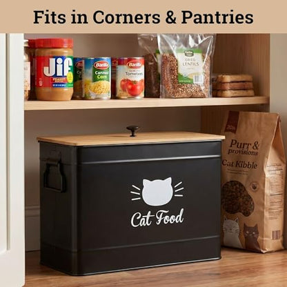 Cat Food Storage Container with Scoop - 15 lb (50 Cup) Capacity Metal Cat Food Container with Airtight Bamboo Lid & Metal Scoop - Airtight Pet Food Storage Containers - 15 lb Treats & Kibble Container - color: Black