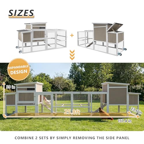 Chicken Coop with Wheels and Handle, 158" Mobile Chicken House for 4-8 Chickens with Run Outdoor, 2-Story Wooden Poultry Cage with Nesting Box, Removable Tray, Waterproof Roof for Hen, Rabbits, Ducks - size: 158.0"L x 23.6"W x 39.0"H