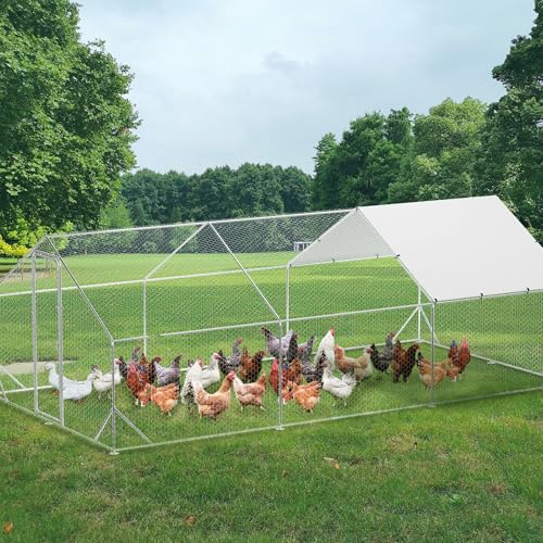 Large Metal Chicken Coop, 19.7'L x 9.8'W x 6.6'H Walk-in Poultry Cage, Chicken Run Pen House with Waterproof & Anti-Ultraviolet Cover Chicken Coop Run for Outdoor Backyard Farm - size: 118.1"L x 236.2"W x 78.7"H