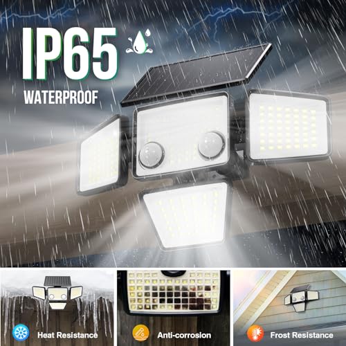 LYWALT Solar Outdoor Lights - 3000LM 188 LED Motion Sensor Outdoor Lights, 4 Heads IP65 Waterproof Powered Security Flood Lights, 270°Wide Lighting Angle Wall Light with Sensors for Backyard Yard - size: 1 Pack