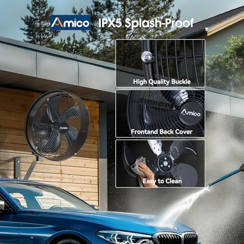 Amico 16 inch Indoor/Outdoor Wall Mount Fan with Remote, Industrial Waterproof Oscillating Wall Mounted Fan, DC Motor 8 Speeds High Velocity for Garage, Patio, Gym, Warehouse