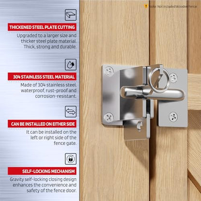 304 Stainless Steel Wooden Fence Self-Locking Gate Latch Heavy-Duty Gravity-Style Fence Gate Latch Privacy Latch, for Wooden Doors, Metal Doors, and Vinyl Fences Gate Lock Hardware - color: Silvery White