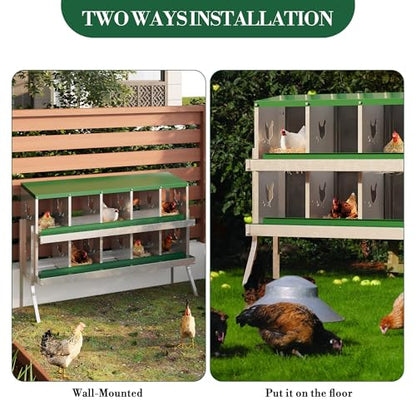 10-Room Metal Chicken Nesting Box, Heavy-Duty Galvanized Steel Egg Laying Box with Vented Holes & Leg, Wall-Mounted or Floor Use, Secure Egg Collection, Green