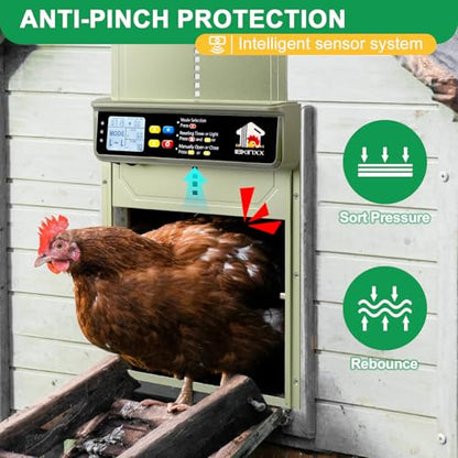Automatic Chicken Coop Door Solar Powered with Timer, Light Sensor, Remote Control, LCD Display, Green