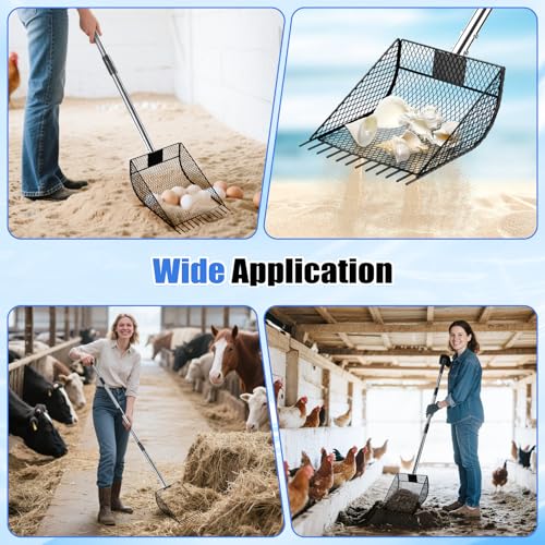 CAROD Chicken Poop Scooper & Rake 2-in-1, Metal Chicken Scoop with 24 to 68" Adjustable Stainless Steel Handle, Litter Scooper Sand Sifting Shovel Chicken Coops/Animals House - size: 10.0"L x 6.7"W x 68.0"H