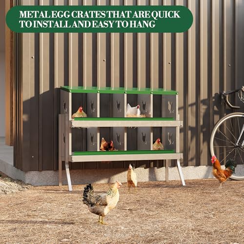 Chicken Nesting Box,8 Compartments Galvanized Steel Metal Chicken Laying Box with Roll Out Egg Collection,Wall Mount Chicken Nesting Boxes,Easy Egg Collection, Hen Roosting Boxes - color: Green, size: 8 Holes with Legs