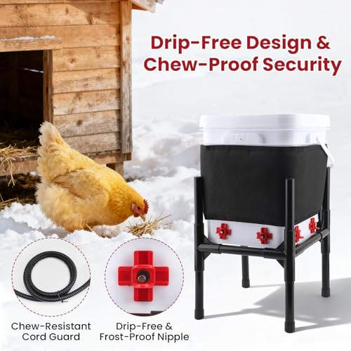 Heated Chicken Waterer with Stand, Thermostatically Poultry Water Heater with Nipples for Winter Outdoor Coop 3 Gallon (Black, 12L)