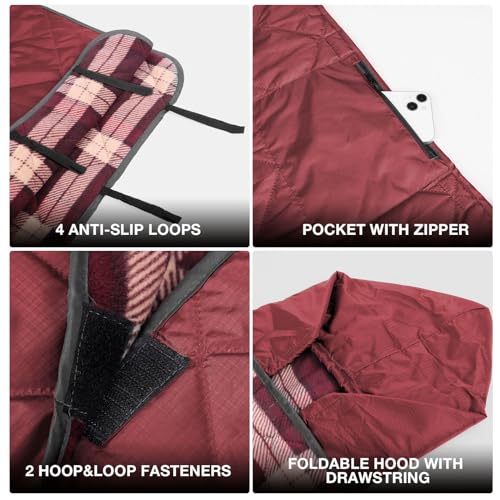 DUKUSEEK Large Waterproof Camping Blanket, Cold Weather Warm Fleece Blankets Windproof Triple Layers for Stadium,Camping, Concerts, Car, Dog - color: Wine Red Outer With Red Plaid Fleece
