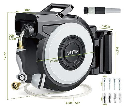 Tuyeho Retractable Garden Hose Reel 90 FT, Wall Mount Heavy Duty Water Hose Reels with Automatic Slow Rewind System, Outdoor Hoses Reel with 2 Hose Nozzles for Garden Watering, Car Wash, Pet Shower - size: 1/2" 90FT