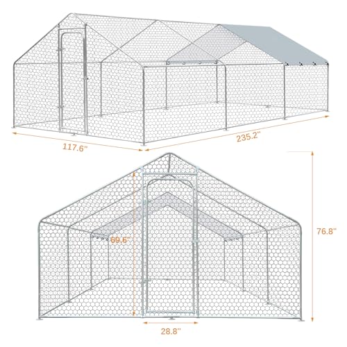 Large Metal Chicken Coop, Walk in Chicken Run for Yard with Waterproof Cover & Secure Lock, Poultry Cage for Aviary and Hen House, Duck Coop and Rabbit Pen 19.6 x 9.8 x 6.5 ft - size: 236.2"L x 117.6"W x 78.0"H