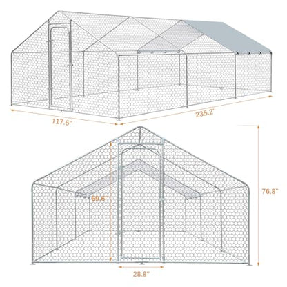 Large Metal Chicken Coop, Walk in Chicken Run for Yard with Waterproof Cover & Secure Lock, Poultry Cage for Aviary and Hen House, Duck Coop and Rabbit Pen 19.6 x 9.8 x 6.5 ft - size: 236.2"L x 117.6"W x 78.0"H