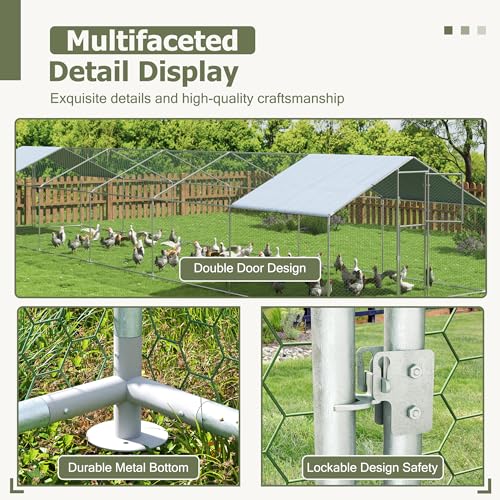 Large Metal Chicken Coop,19.7x9.8x6.4 FT Chicken Run for Yard with Waterproof & Anti-UV Cover,Walk in Chicken Pen with Feeding Door (39.4 * 9.8 * 6.4 ft) - size: 39.4*9.8*6.4 ft