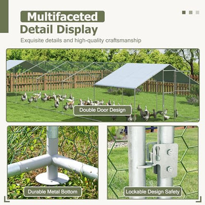 Large Metal Chicken Coop,19.7x9.8x6.4 FT Chicken Run for Yard with Waterproof & Anti-UV Cover,Walk in Chicken Pen with Feeding Door (39.4 * 9.8 * 6.4 ft) - size: 39.4*9.8*6.4 ft