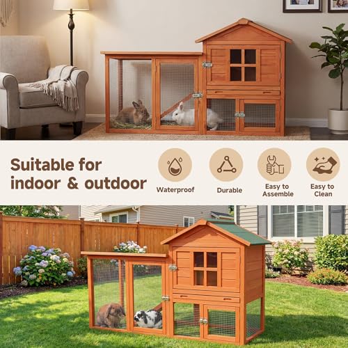 Large Outdoor Indoor Rabbit Hutch Wooden Bunny Rabbit Cage 2-Story with Run No-Leak Pull-Out Tray Waterproof Asphalt Roof Ramp for Guinea Pig Small Animal Wood Pet House Home Orange