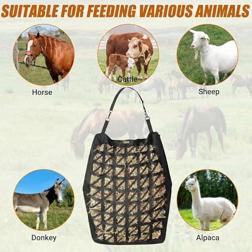 Hay Bag for Horses,Ultra-Slow Feed Hay Bag for Ground Feeding,Designs for Horses,Goats,Cows,Premium 1680D Oxford Cloth,Easy to Fill and Hang with Wide Opening and Adjustable Straps (1)