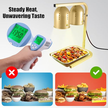 Heat Lamp for Food, with Two 250W Bulbs for Fast and Even Heating, Food Heat Lamp with Adjustable Height Stand, Commercial Food Warmer Lamp for Home, Fast Food Restaurant, Buffet, Bakery, Gold - color: Gold