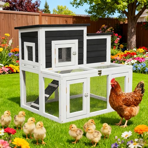 Outdoor Chicken Coops for 2-4 Chickens, All Weather Used Wooden Quail Cage Duck Coop Outdoor with Asphalt Roof, Ramp Openable Top Pull-Out Tray for Small Animals (White2) - color: White2