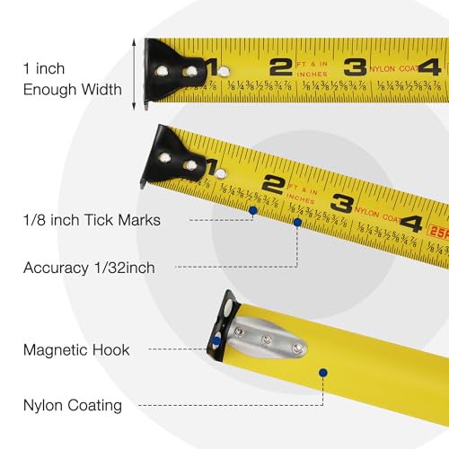 WORKPRO Pink Auto-Lock Tape Measure, 25FT 1/8 Fractions Easy Read Measuring Tape, Double Retract Measurement Tape Accuracy 1/32 for Engineer,with Magnetic Hook, Rubber Protective Casing - Pink Ribbon - color: Pink