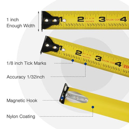 WORKPRO Pink Auto-Lock Tape Measure, 25FT 1/8 Fractions Easy Read Measuring Tape, Double Retract Measurement Tape Accuracy 1/32 for Engineer,with Magnetic Hook, Rubber Protective Casing - Pink Ribbon - color: Pink