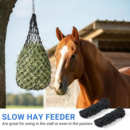 2-Pack Heavy Duty Hay Bags, Slow Feeder for Horses & Goats with 2-Inch Holes, Adjustable Drawstring Hay Net to Reduce Waste & Improve Digestion for Stall, Trailer, Pasture
