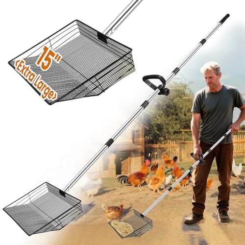 15 inch Extra Large Chicken Poop Scooper with Ergonomic Grip,5-in-1 Heavy Duty Adjustable Coop Scoop for Poop (24 to 68"), Stainless Steel Sifting Litter Shovel Scoop for Chicken Coop