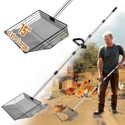 15 inch Extra Large Chicken Poop Scooper with Ergonomic Grip,5-in-1 Heavy Duty Adjustable Coop Scoop for Poop (24 to 68"), Stainless Steel Sifting Litter Shovel Scoop for Chicken Coop