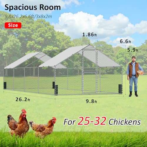 Large Metal Chicken Coop, Chicken Run with Feeding Door, Security Lock and Cover, Outdoor Walk-in Duck/Rabbit Cage Poultry Pen for Backyard, Farm, Yard (Silver - Spire Roof, 26.2 x 9.8 x 6.5 FT) - size: 314.9"L x 118.0"W x 78.7"H